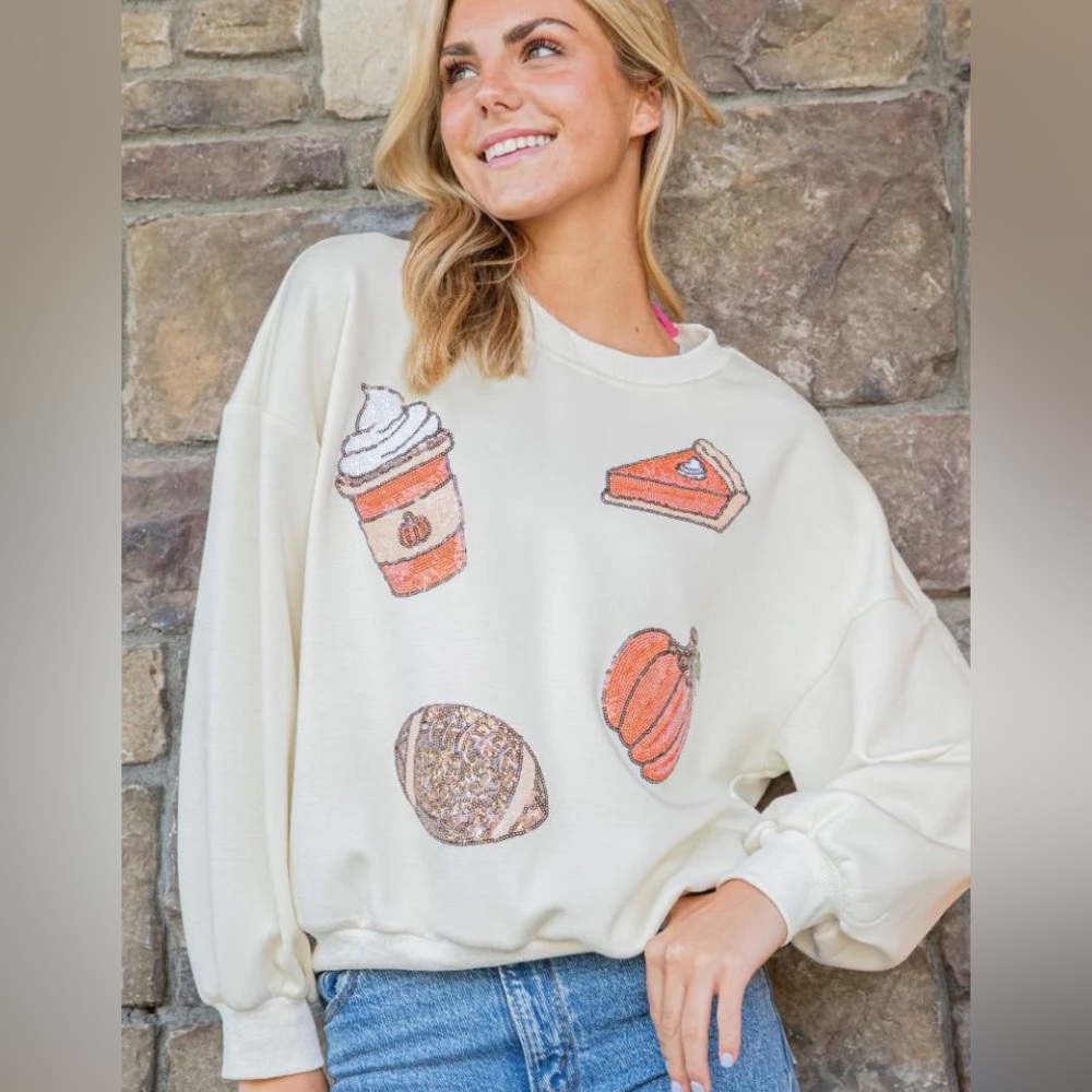 Simply Southern Fall Crew Neck Sequin Sweatshirt. Size M